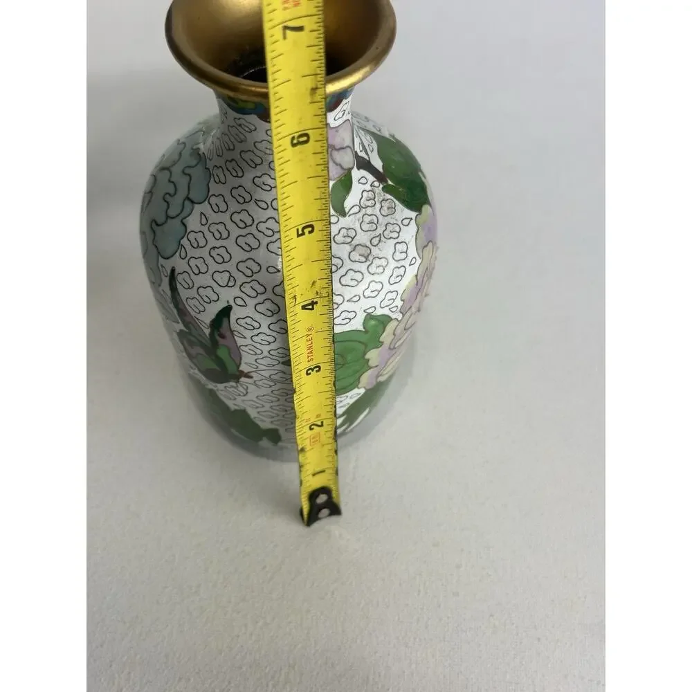 vintage chinese cloisonne vase brass white enamel peony bird butterfly decor